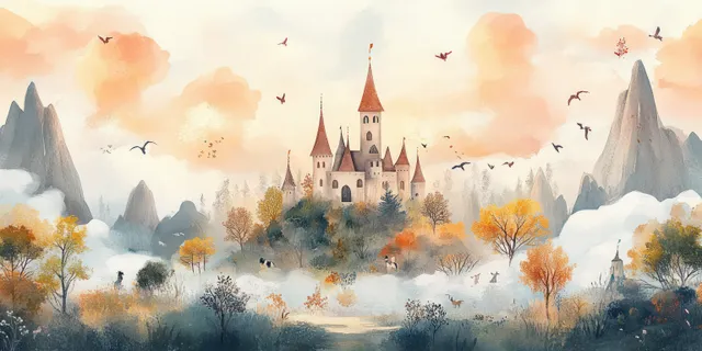 Whimsical fairy castle landscape with soft pastel mist, trees, and playful birds at sunrise
