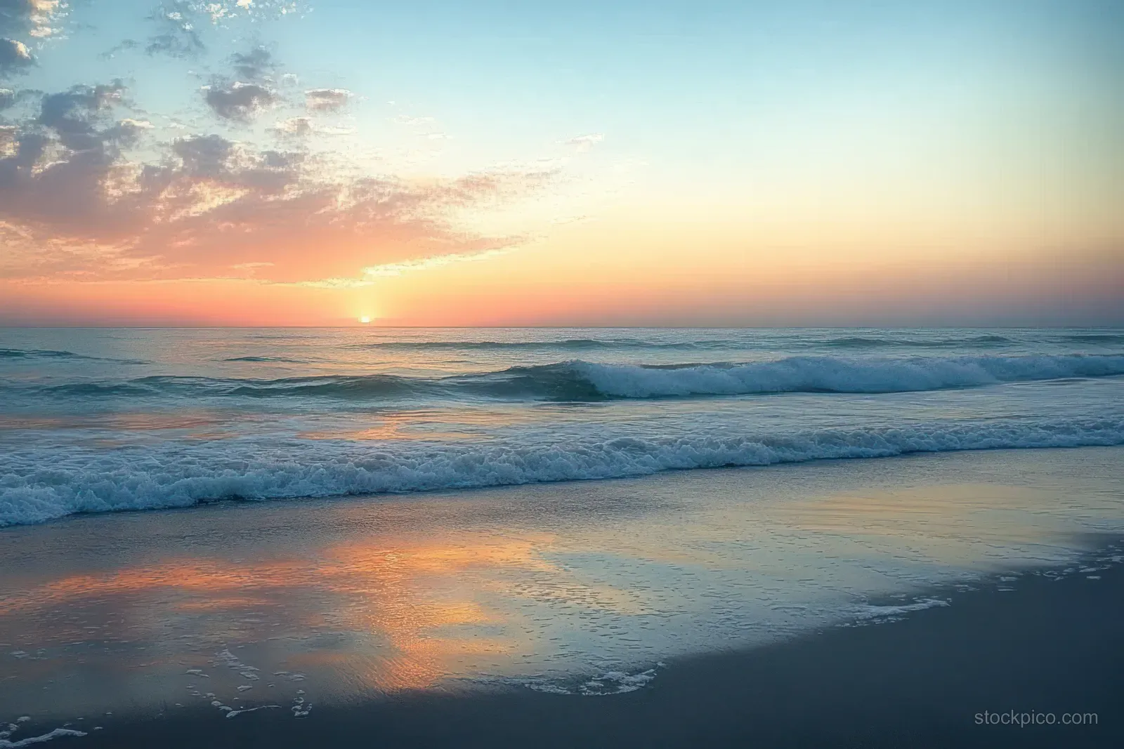 Gentle waves roll onto a sandy beach under a colorful sunset sky.