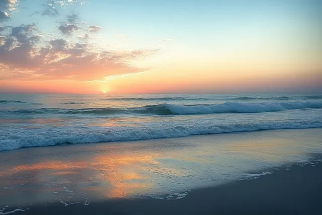 Gentle ocean waves rolling onto sandy beach at colorful sunset