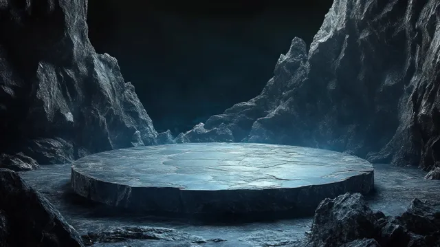 A round stone platform with ambient lighting is set among jagged rocks, creating a moody and dramatic display environment.