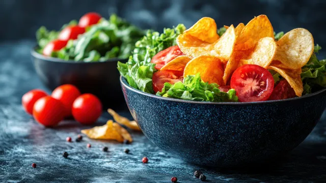 Fresh vegetable salad and crunchy potato chips sit side by side in dark bowls on a moody table.