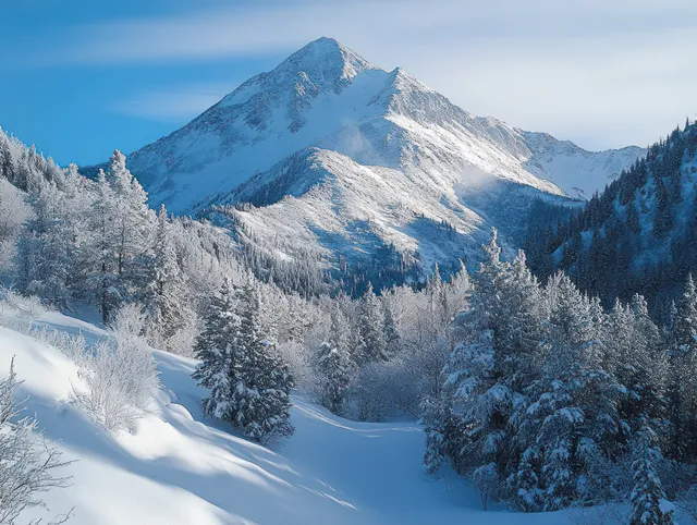 Snowy mountain peak rises above a frosted pine forest in a winter valley under a clear blue sky.