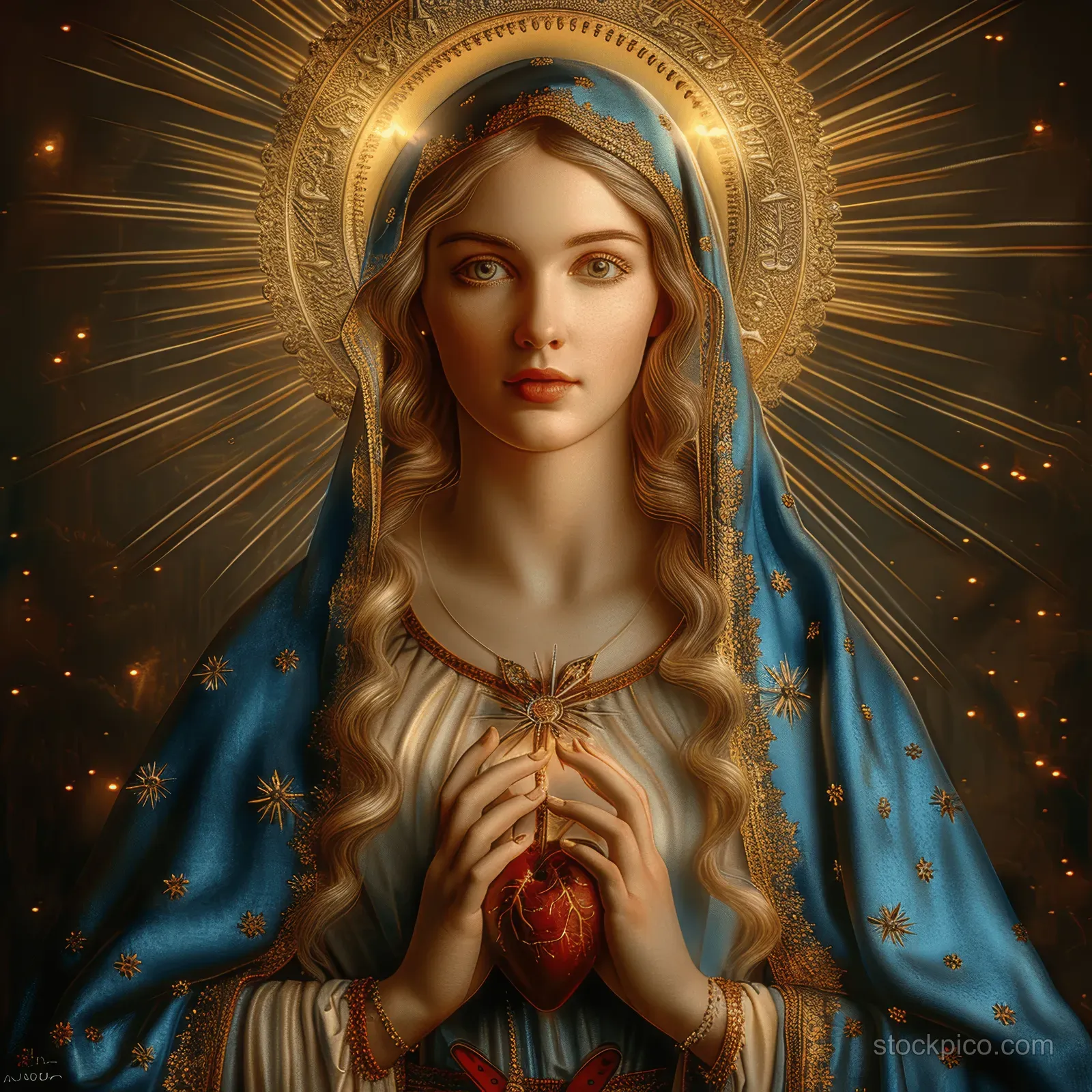 Blessed Virgin Mary holds a glowing Sacred Heart beneath a radiant golden halo, wearing a blue starry mantle.