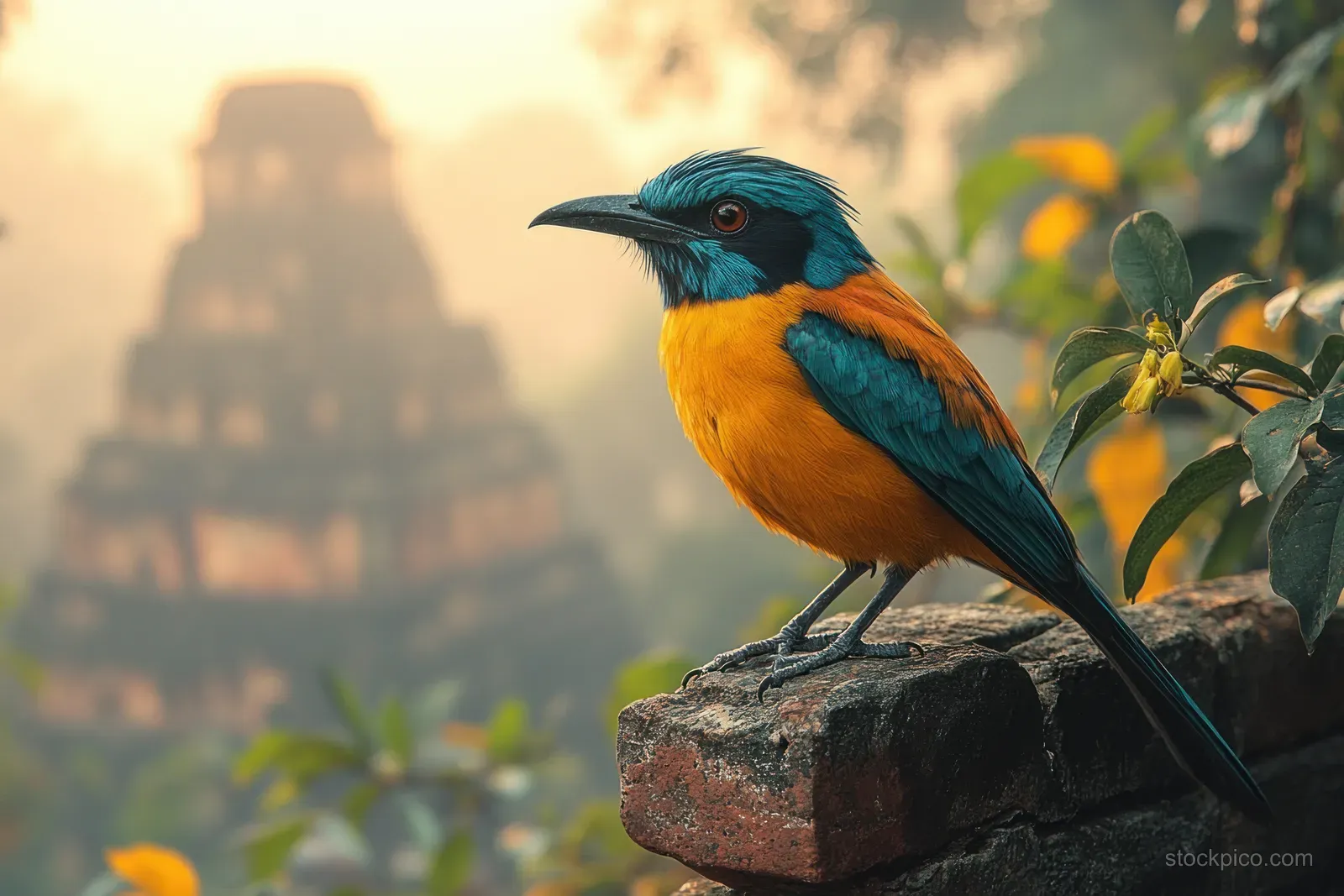 A colorful tropical bird perches on a rock and branch while a misty ancient Mayan temple fades in the background.