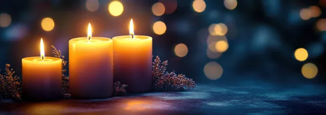 Lit purple and yellow Advent candles glow on a dark surface with soft bokeh lights behind them.