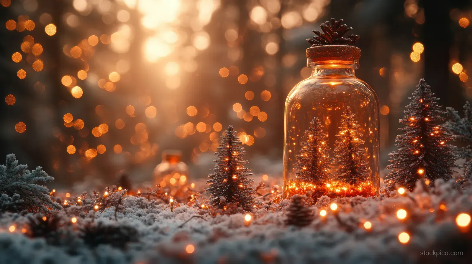 Warm lights twinkle around a glittery glass jar and miniature Christmas trees on snowy ground.