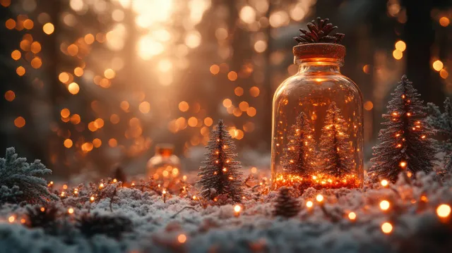 Mini Christmas trees in glass jar with warm lights and glittery holiday sparkle