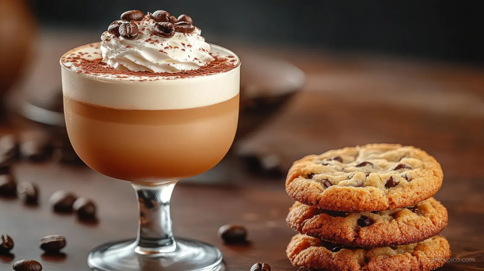 Creamy coffee in a glass topped with whipped cream sits beside three chocolate chip cookies on a wooden table.