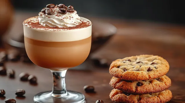 Creamy coffee in a glass topped with whipped cream sits beside three chocolate chip cookies on a wooden table.