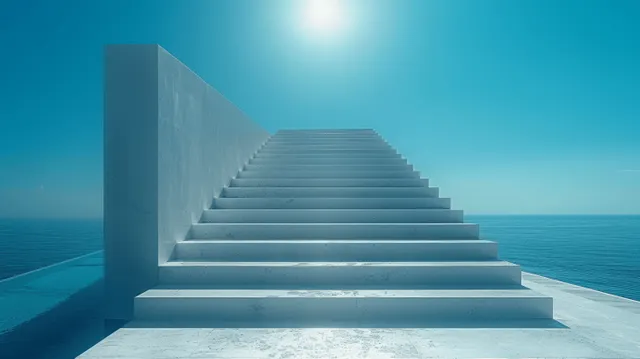 Minimal concrete stairs ascending toward blue sky with stark geometric platform and horizon