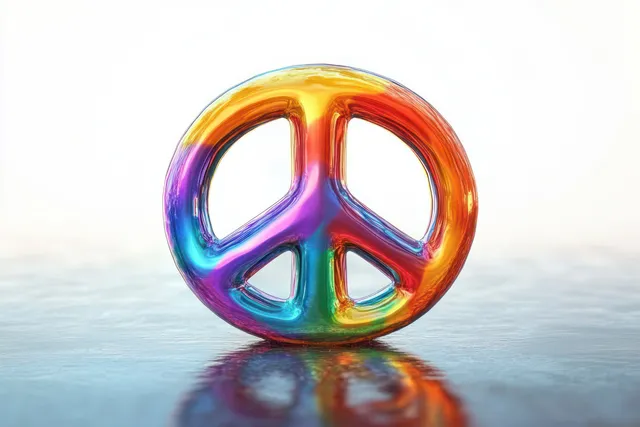 Rainbow peace symbol standing on reflective surface with soft white background