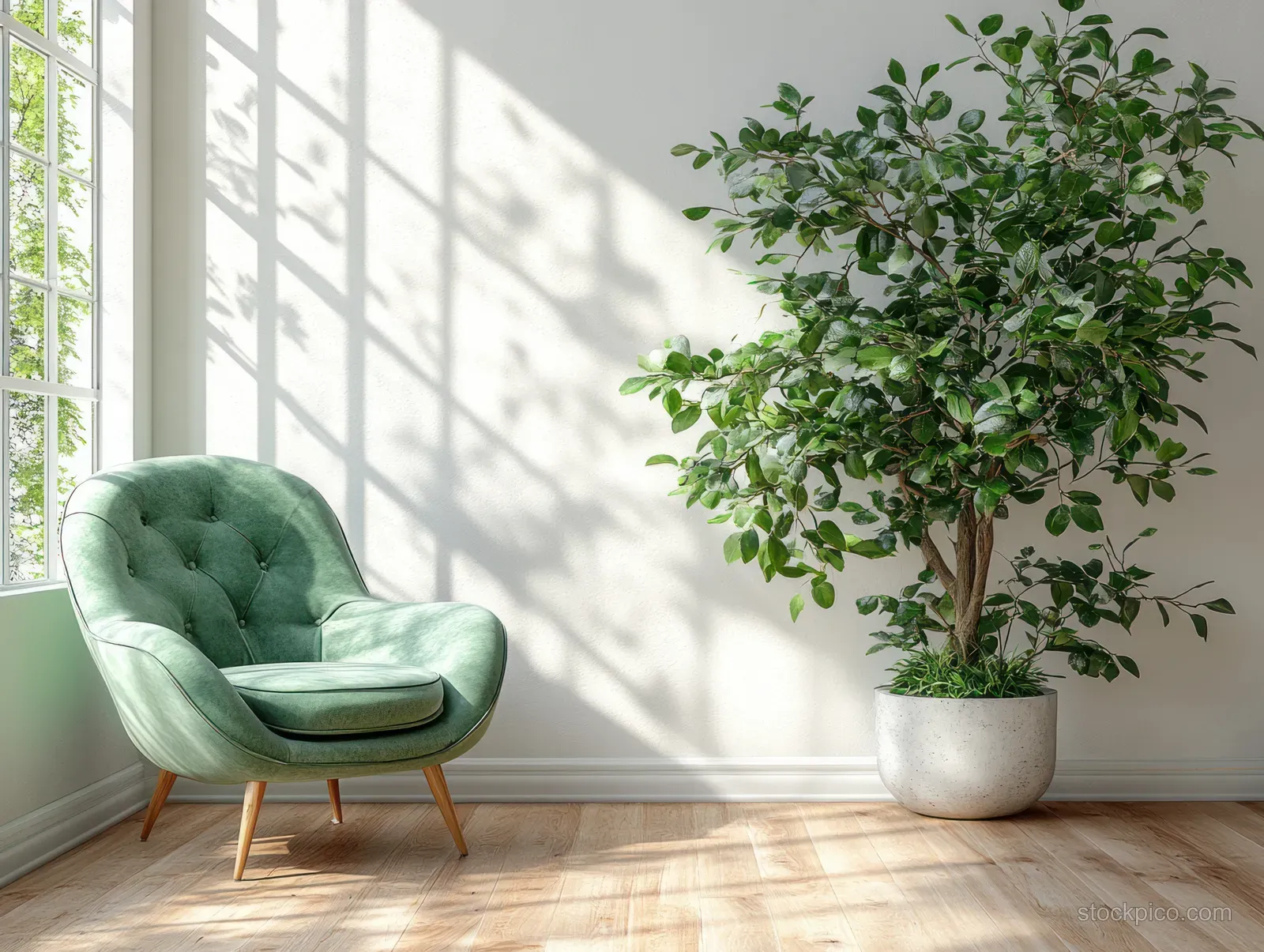 Green tufted armchair and potted snake plant stand in a bright minimalist room with wooden floor and window light.
