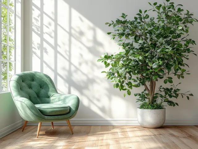 Green tufted armchair and potted snake plant stand in a bright minimalist room with wooden floor and window light.