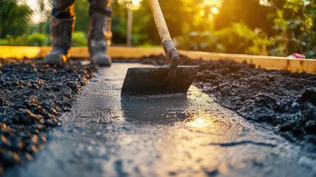 A worker smooths wet concrete with a shovel on a construction slab outdoors during sunset.