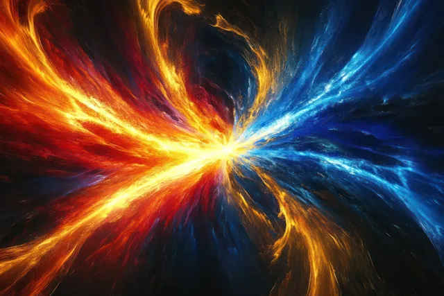 Cosmic energy explosion radiating red orange yellow and blue beams from a bright center