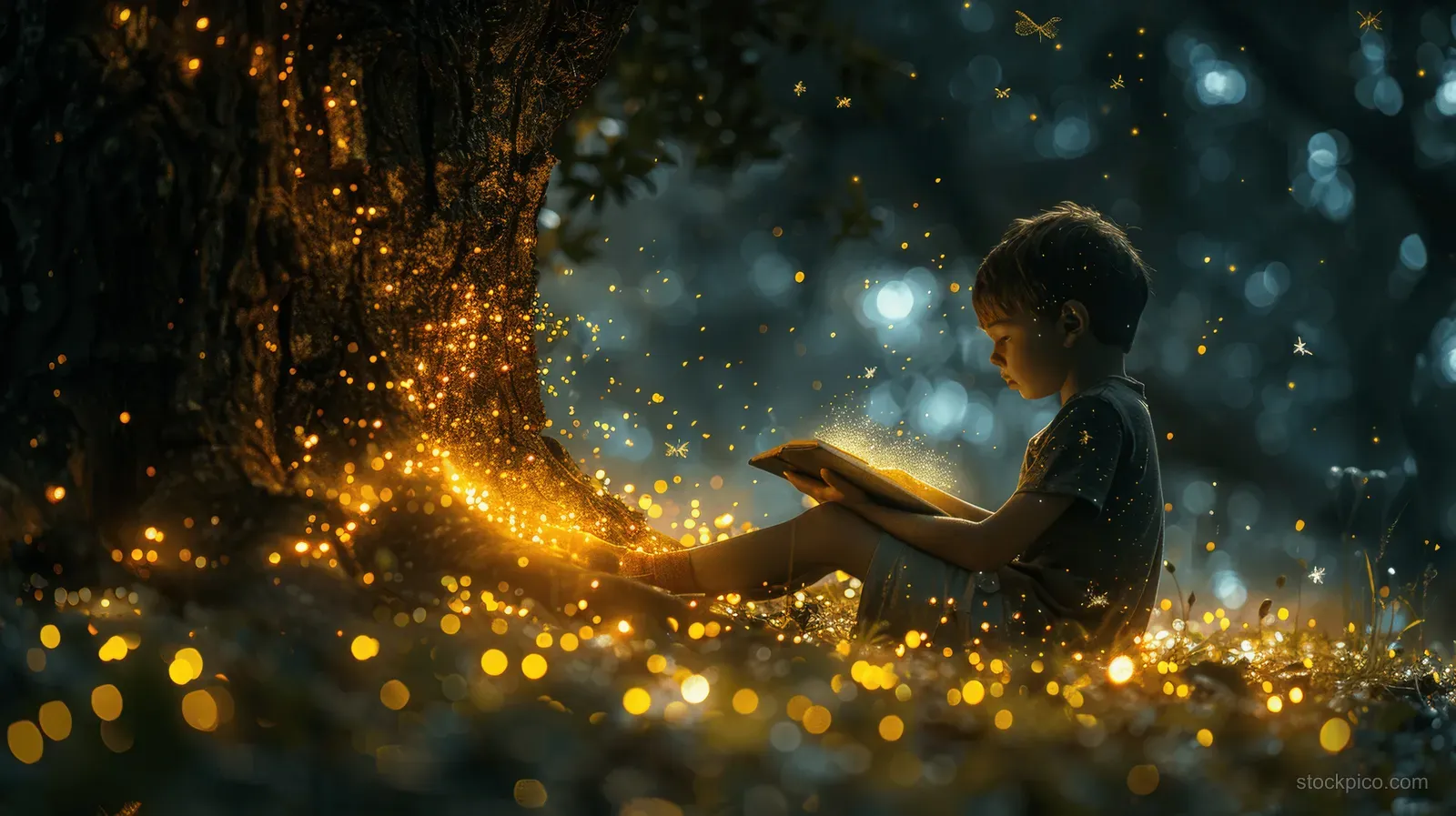 A young boy reads a fantasy book beside a glowing tree while fireflies float through a dark magical forest.