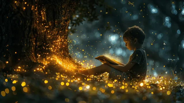 Young boy reading a fantasy book by a glowing tree as fireflies drift around him