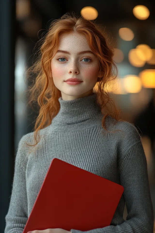 Curly red-haired student holding a red folder outdoors on a modern campus walkway.
