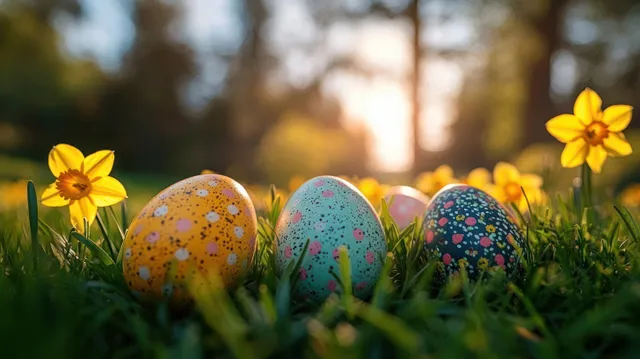 Colorful speckled eggs nestled in grass beside blooming daffodils