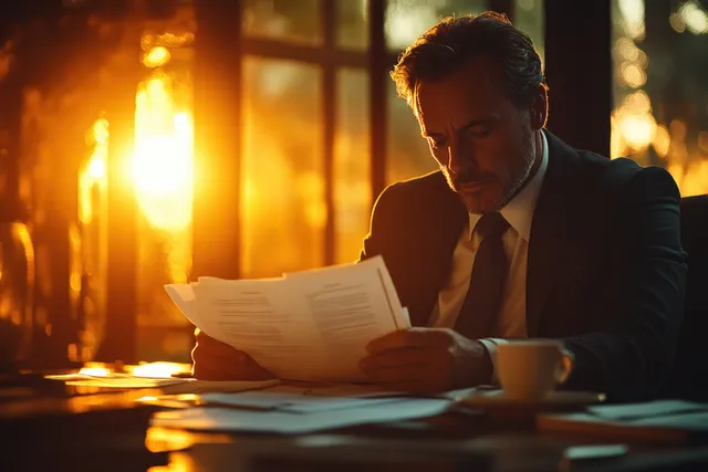 Man Reviewing Papers at Office Desk Beside Warm Window Light