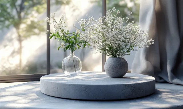 Minimal podium with small potted greenery and flowers in soft window light