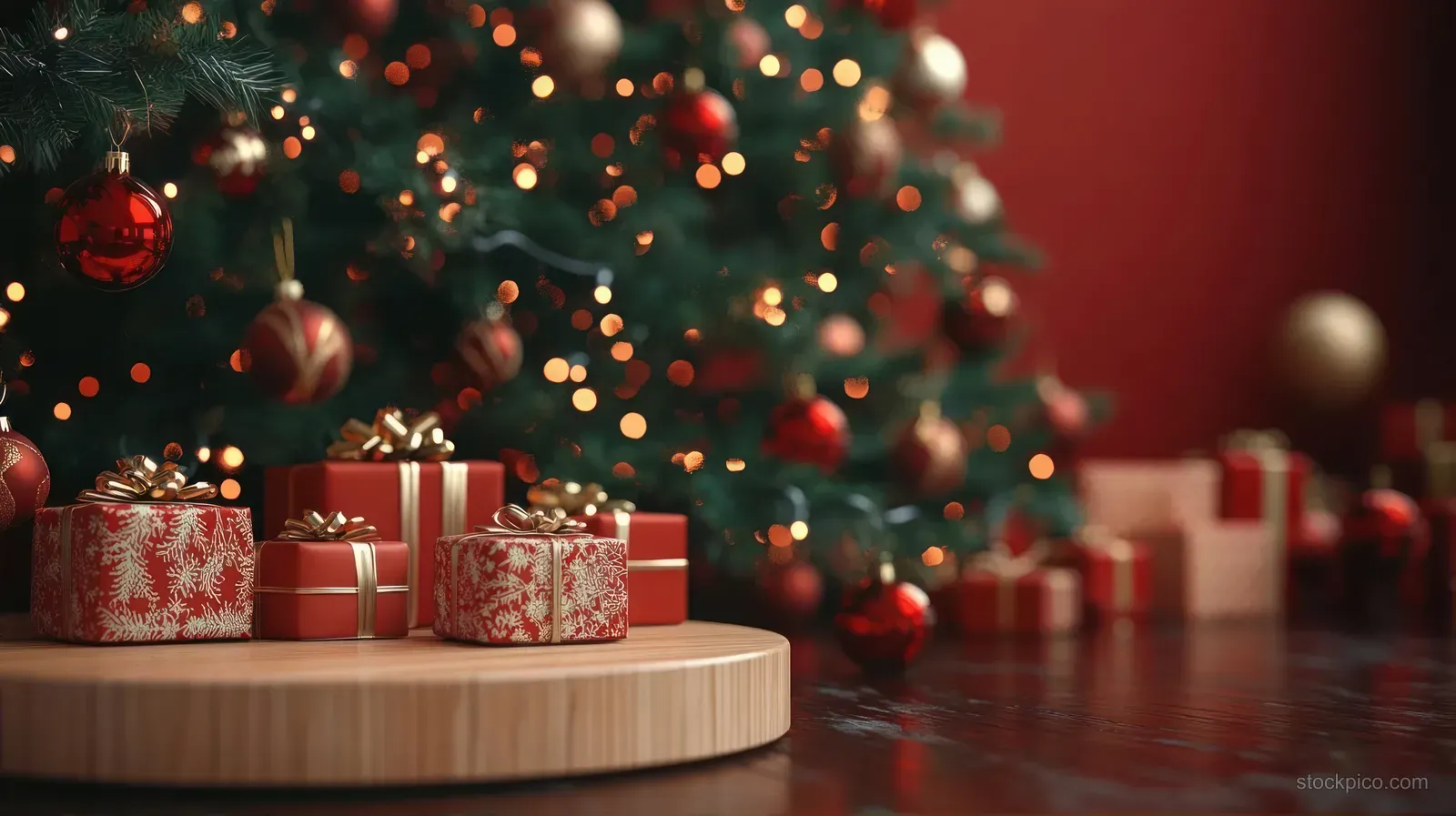 Christmas tree lights glow behind red and gold wrapped gift boxes on a wooden tabletop.