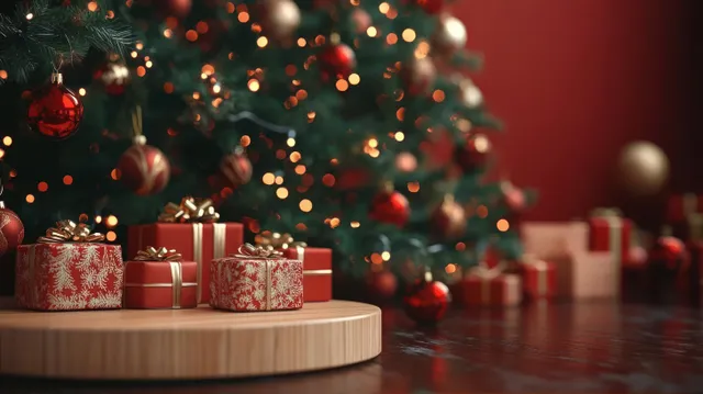 Christmas tree lights glow behind red and gold wrapped gift boxes on a wooden tabletop.