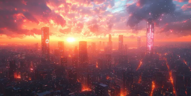 Neon skyline at sunset with glowing network lines and data streams connecting city buildings.