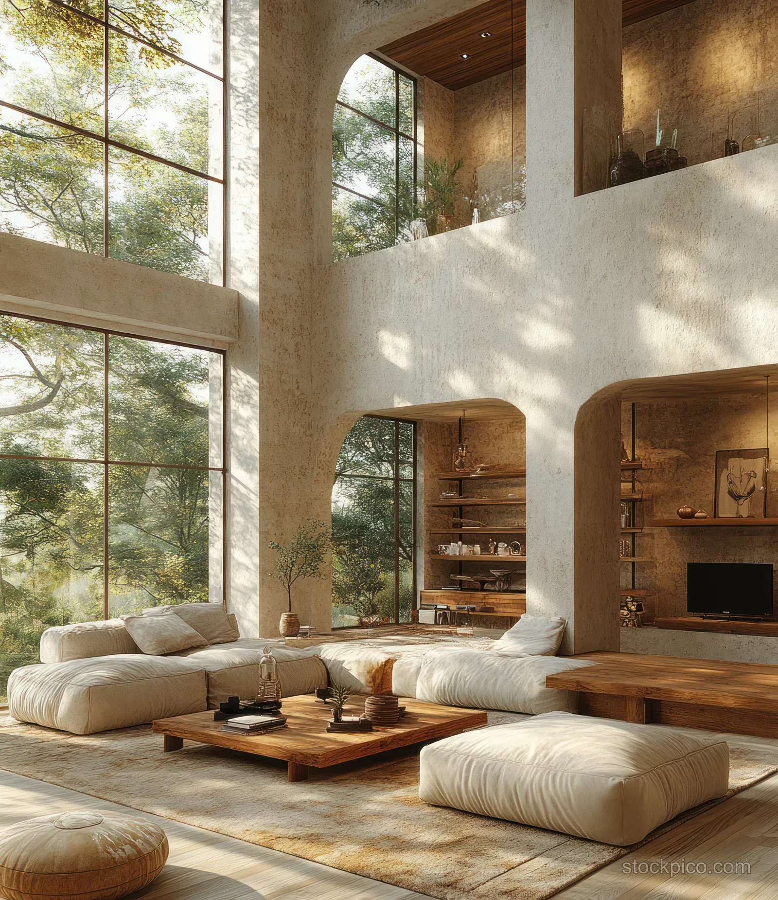Sunlit Scandinavian living room showing arched windows, neutral sofas, wooden coffee table, and natural textures.