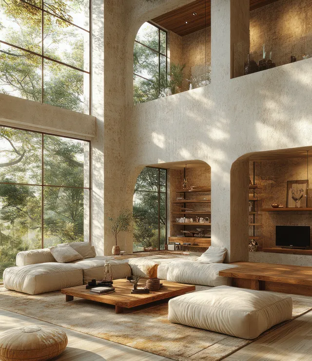 Sunlit Scandinavian living room showing arched windows, neutral sofas, wooden coffee table, and natural textures.