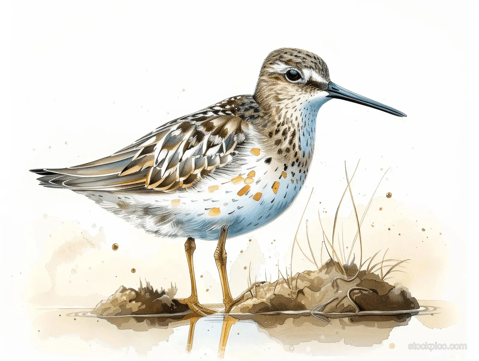 Illustrated white-tailed wood sandpiper stands full body on a sandy mound with speckled legs against a white background.