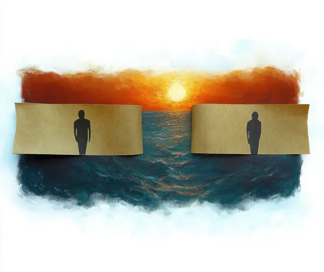 Two dark human silhouettes on separate strips of paper float over churning ocean waves beneath an orange sunset.