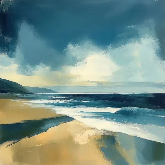 Soft ocean waves wash over wet sand at sunrise beneath dramatic layered clouds