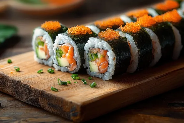 Orange-topped salmon sushi rolls on a wooden board with cucumber and avocado inside and green herbs scattered around.