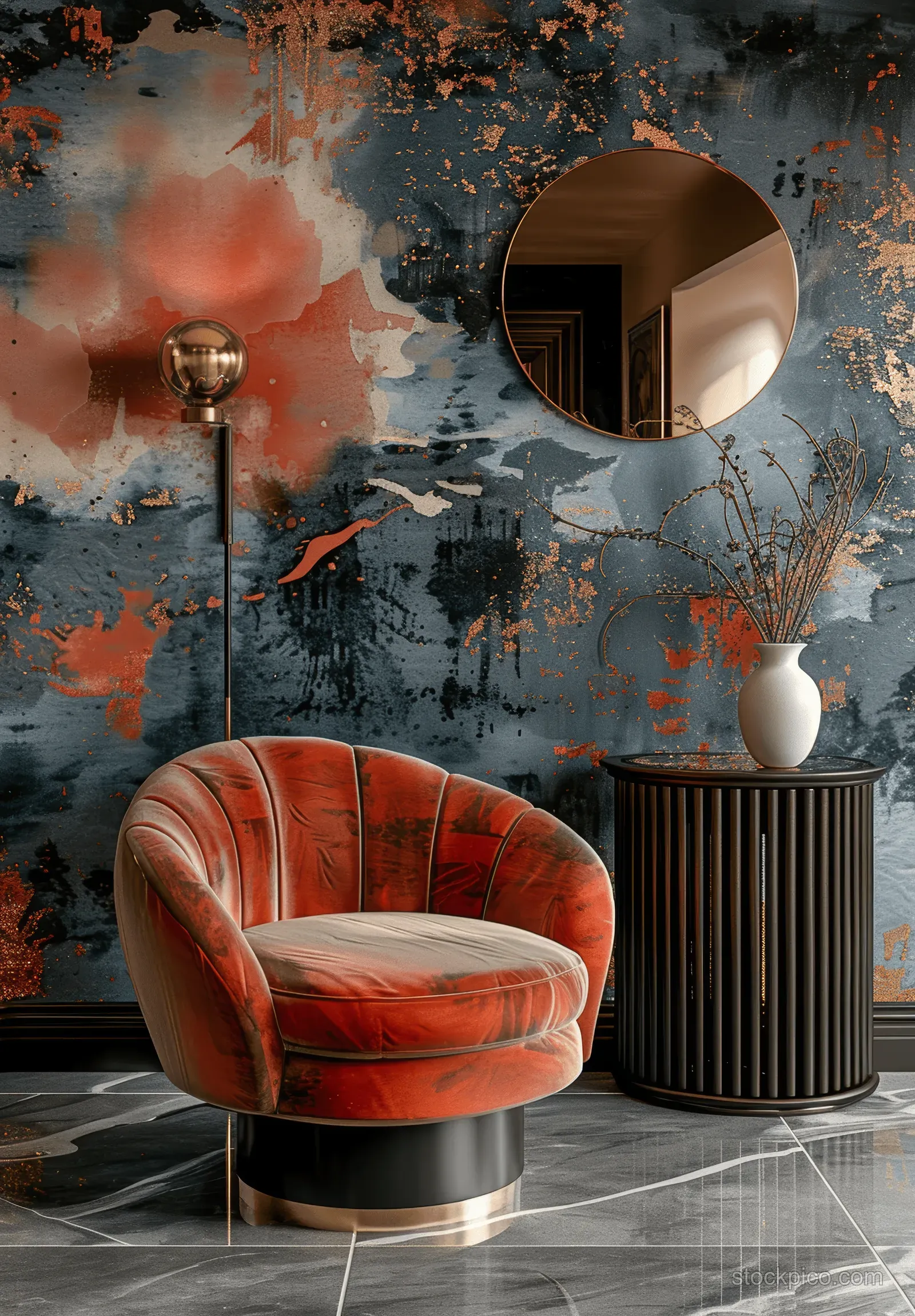 Coral velvet round armchair beside a gold-edged side table and round mirror over a marble concrete floor.