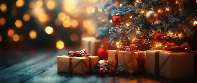 Decorated Christmas tree with wrapped gifts beside a glowing fireplace in warm candlelight