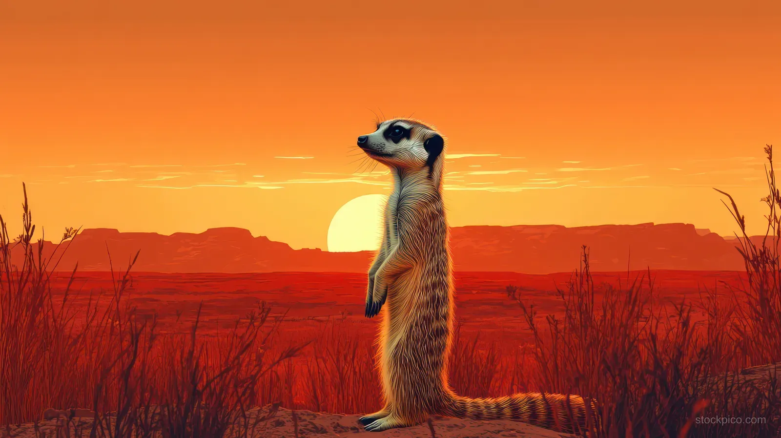 An upright meerkat stands alert among dry grasses on rocky desert ground beneath an orange sunset.
