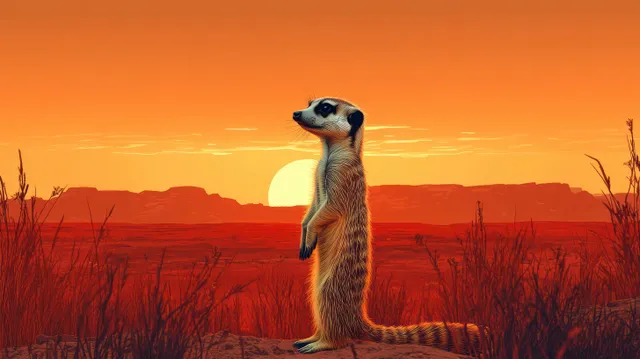 Meerkat standing upright alert on rocky desert ground under vivid orange sunset