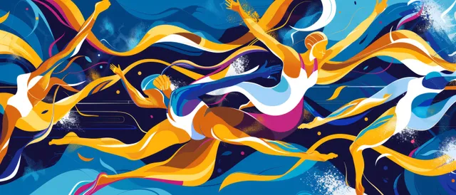 Stylized Ukrainian artistic swimmers perform synchronized movements amid bright orange and blue water splashes.