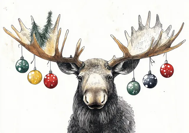 Funny hand-drawn moose wearing ornaments hanging from its antlers