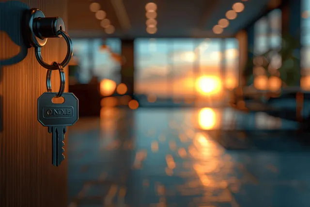 Apartment door lock with hanging keys while a bright hallway and window light blur in the background.