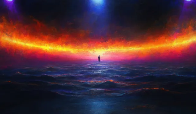 Silhouette figure standing on dark ocean waves beneath a glowing red orange purple horizon