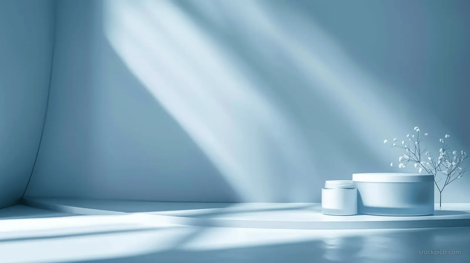 A clean light blue plaster wall backdrop with soft shadows and minimal space for product presentation or design mockups.