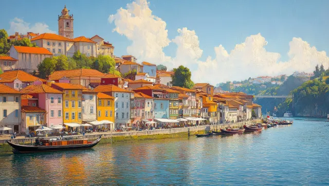 Porto riverside houses with terracotta rooftops and colorful facades line the Douro River under summer clouds.