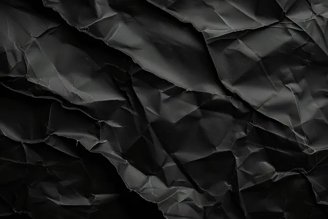 Crumpled black grunge paper texture filling the frame with weathered creases and folds with Room For Text