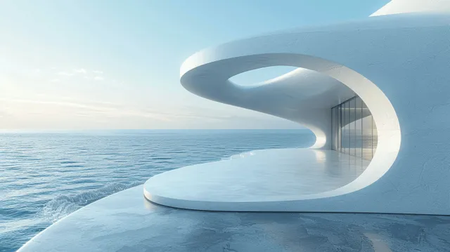Curved white 3D building facade with an arch entrance on a concrete floor beside a blue ocean horizon.