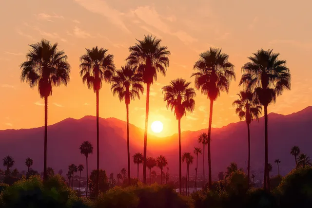 Sunset over Palm Springs palms with desert mountains on the horizon