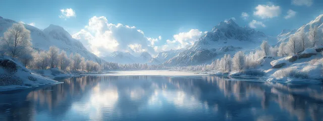 Frozen mountain lake with snowy banks and blue ice reflections under a bright winter sky.