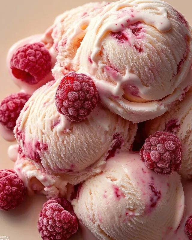 Close-up of creamy raspberry swirl ice cream scoops decorated with frozen raspberries on a soft pink background.