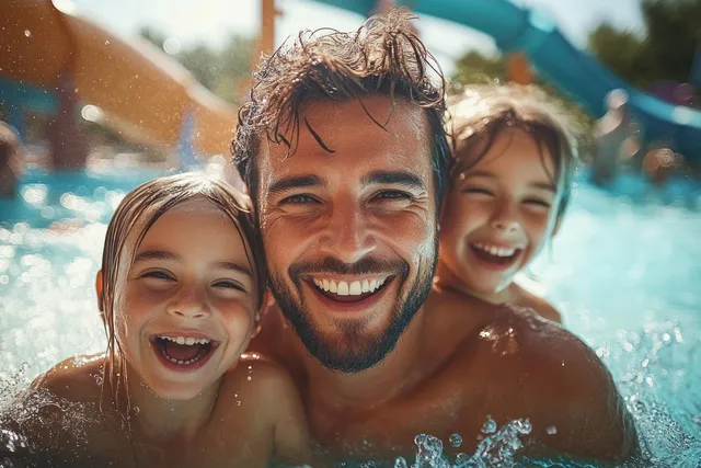 A smiling father and two young children laugh together in a sunny swimming pool with water splashes.